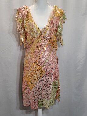 Never Fully Dressed Pink Gold Metallic Shimmer Ruffle Dress 12 NWT